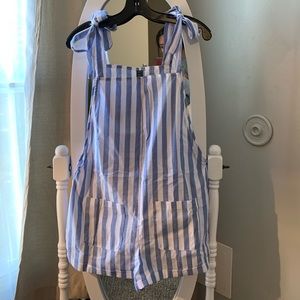 Loose White and Blue Striped Bib Romper